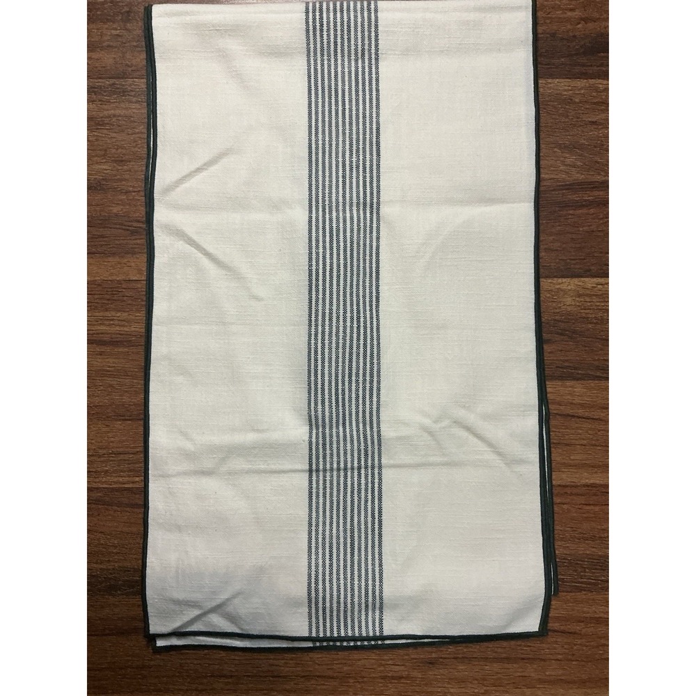 Crate & Barrel White/Navy  Blue Organic Cotton Merrow Stitch Stripe Table Runner